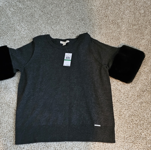 NWT Michael Kors Sweater. Size Large. Dark Grey with black Faux Fur - Picture 3 of 4